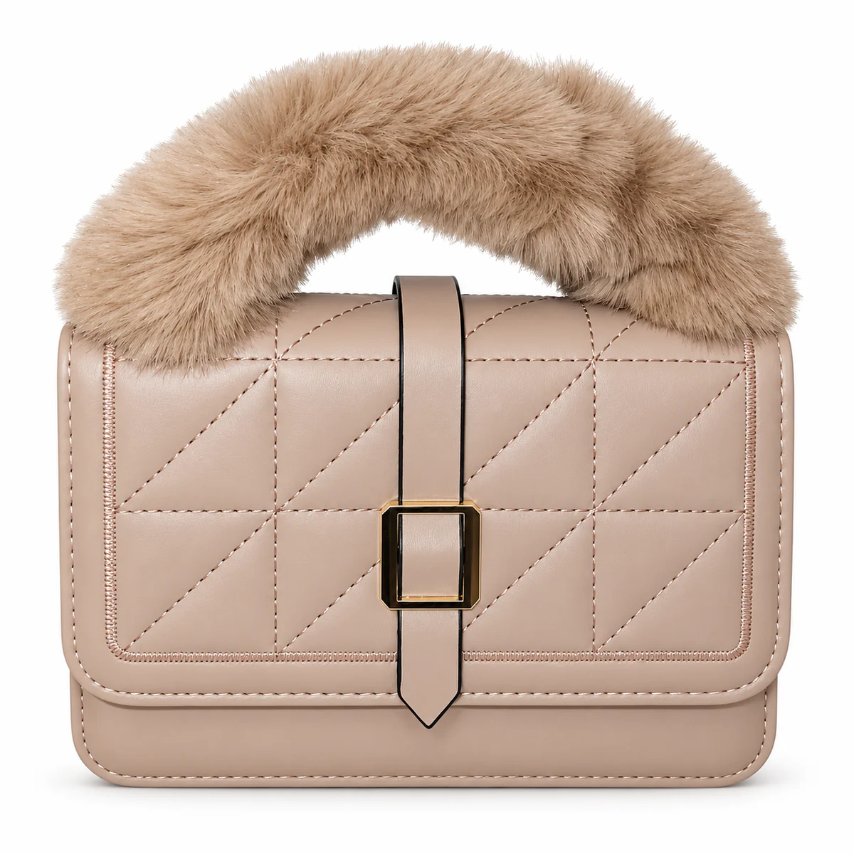 Beige Faux-Fur Handle Bag